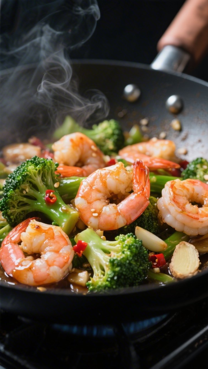 Cooking process, close-up detail: Searing pink, just-opaque shrimp tossed back with bright-green, cr