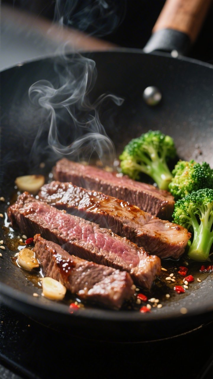 Cooking process, close-up detail: Searing thinly sliced flank steak in a wok over medium-high heat, 