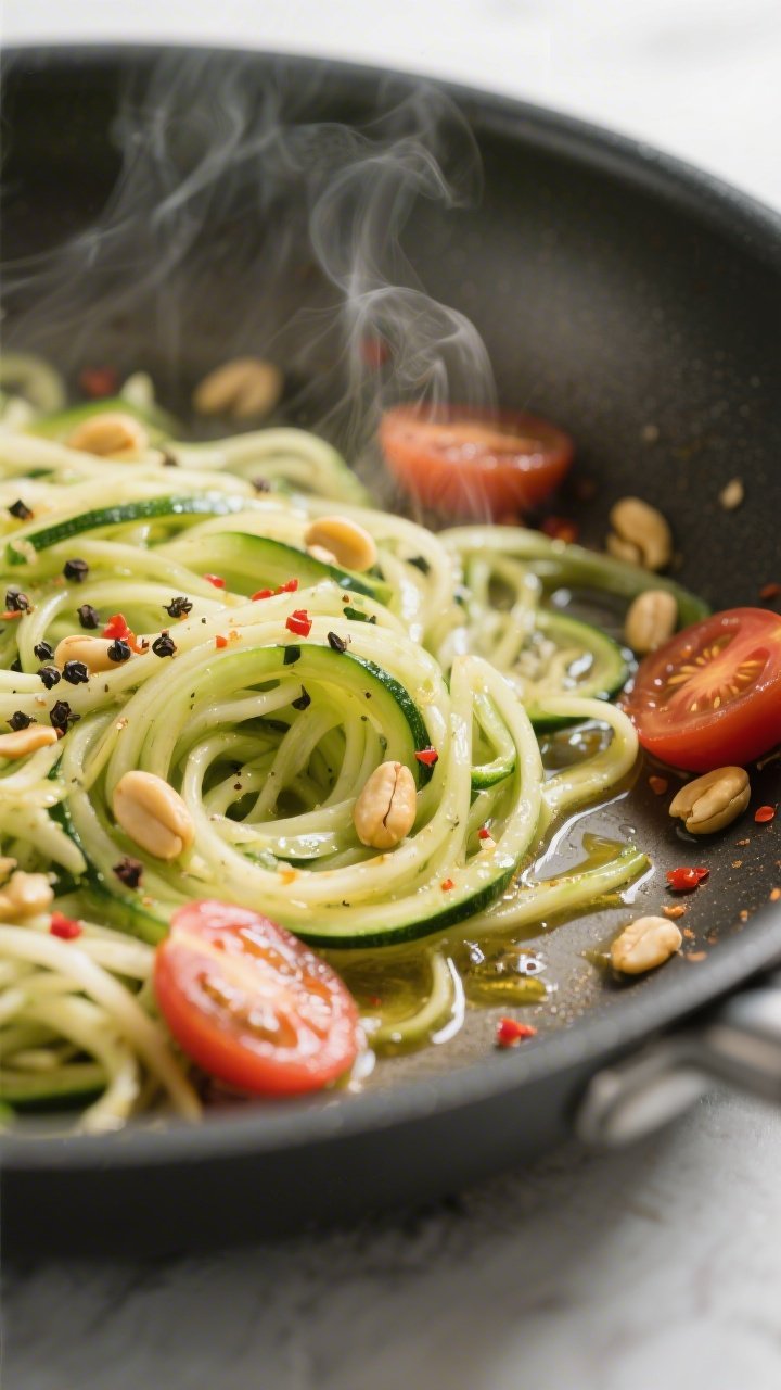 Cooking process, close-up detail: Shallow-depth close-up of zucchini noodles sautéing briefly in a 