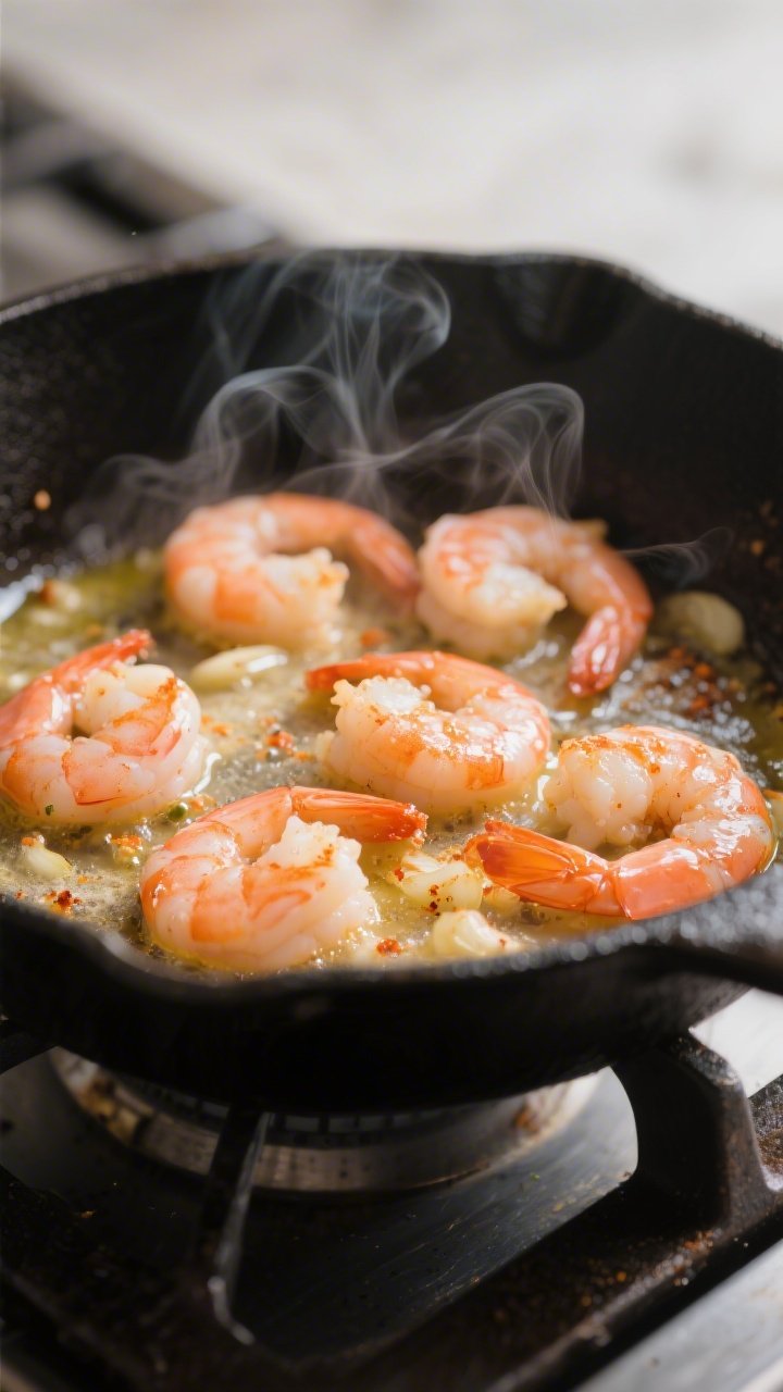 Cooking process, close-up detail: Shrimp sautéing just to pink in a black skillet with melted butte