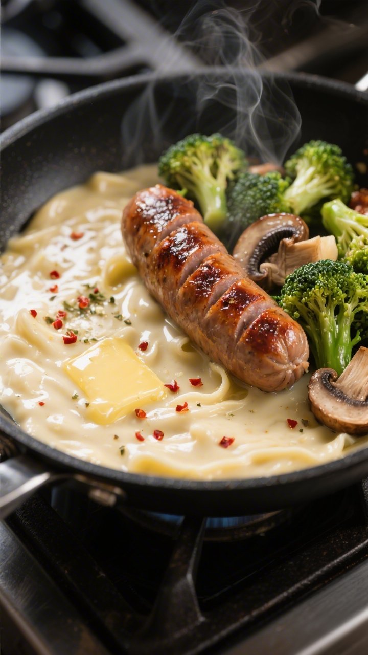 Cooking process, close-up detail: Sizzling browned Italian sausage with crispy caramelized edges nes