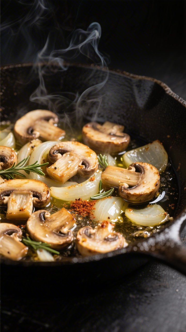 Cooking process, close-up detail: Sizzling golden-browned cremini mushrooms and translucent onions i