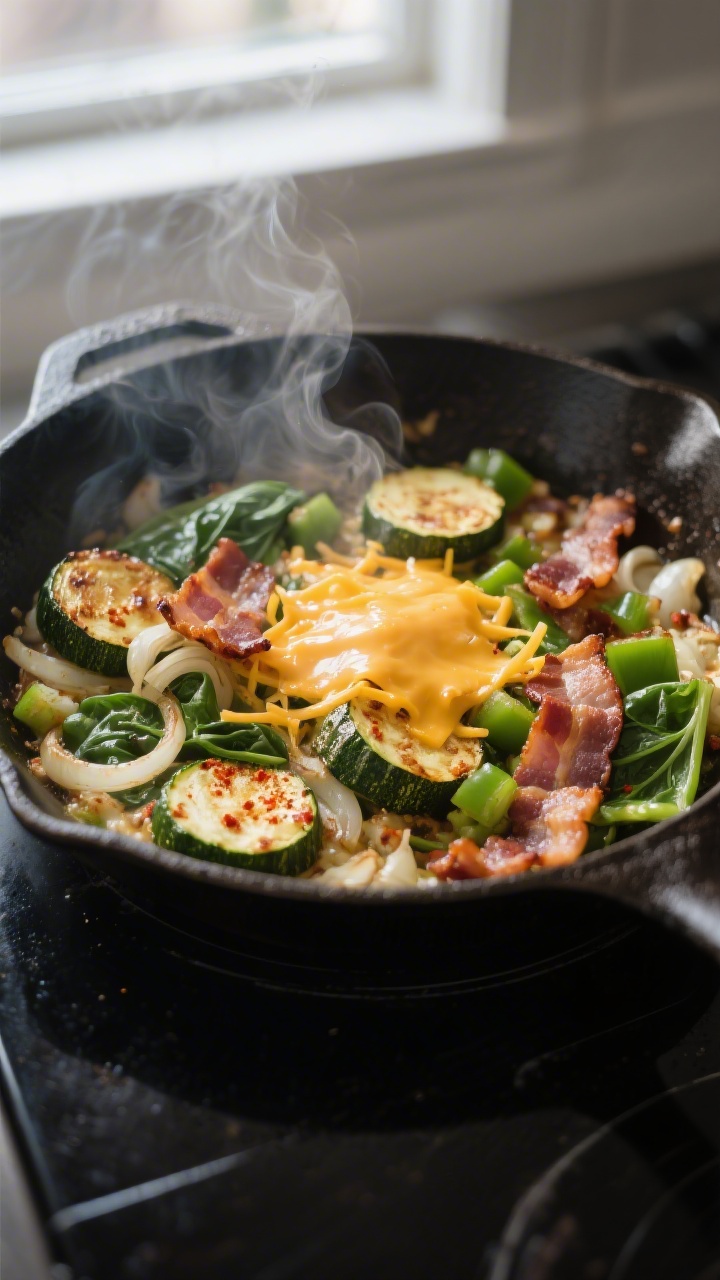 Cooking process, close-up detail: Sizzling keto breakfast skillet midway through cooking, showing br