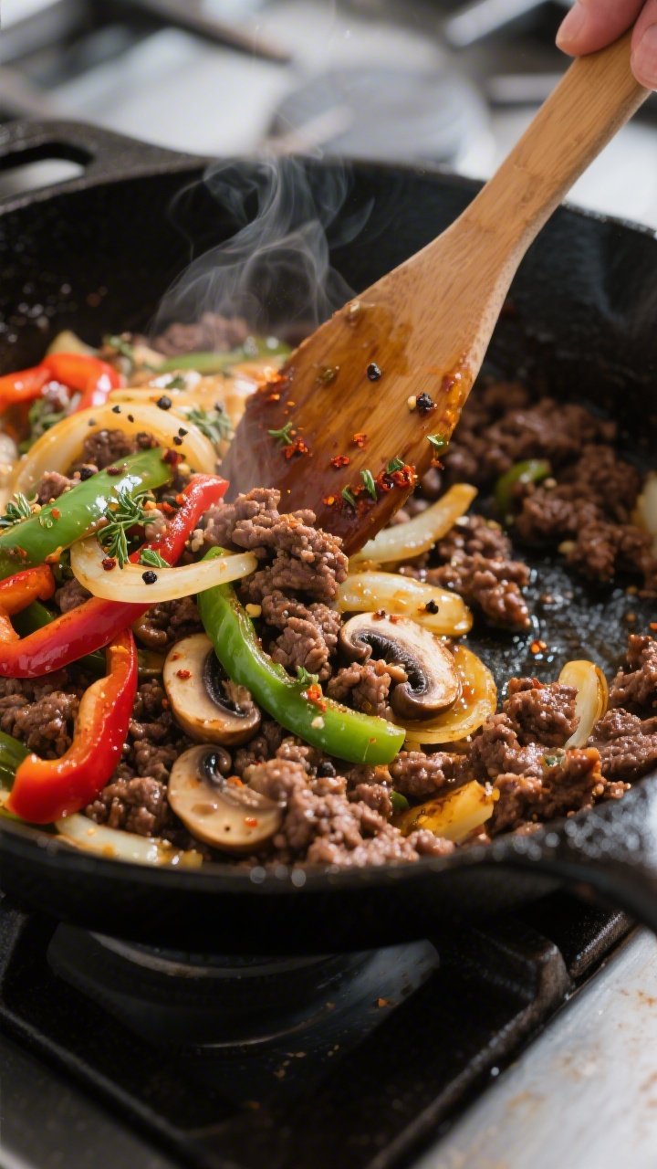 Cooking process, close-up detail: Sizzling keto ground beef Philly cheesesteak skillet mid-cook in a