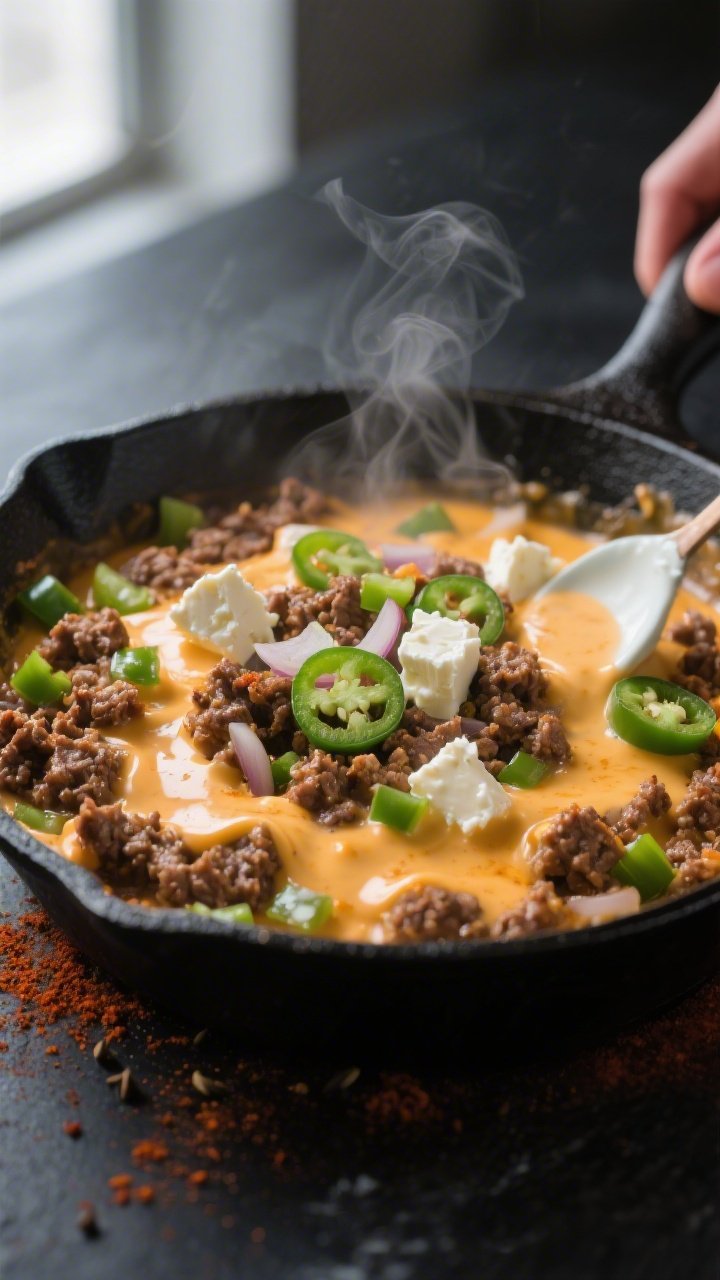 Cooking process, close-up detail: Sizzling keto ground beef queso skillet mid-cook in a black cast-i