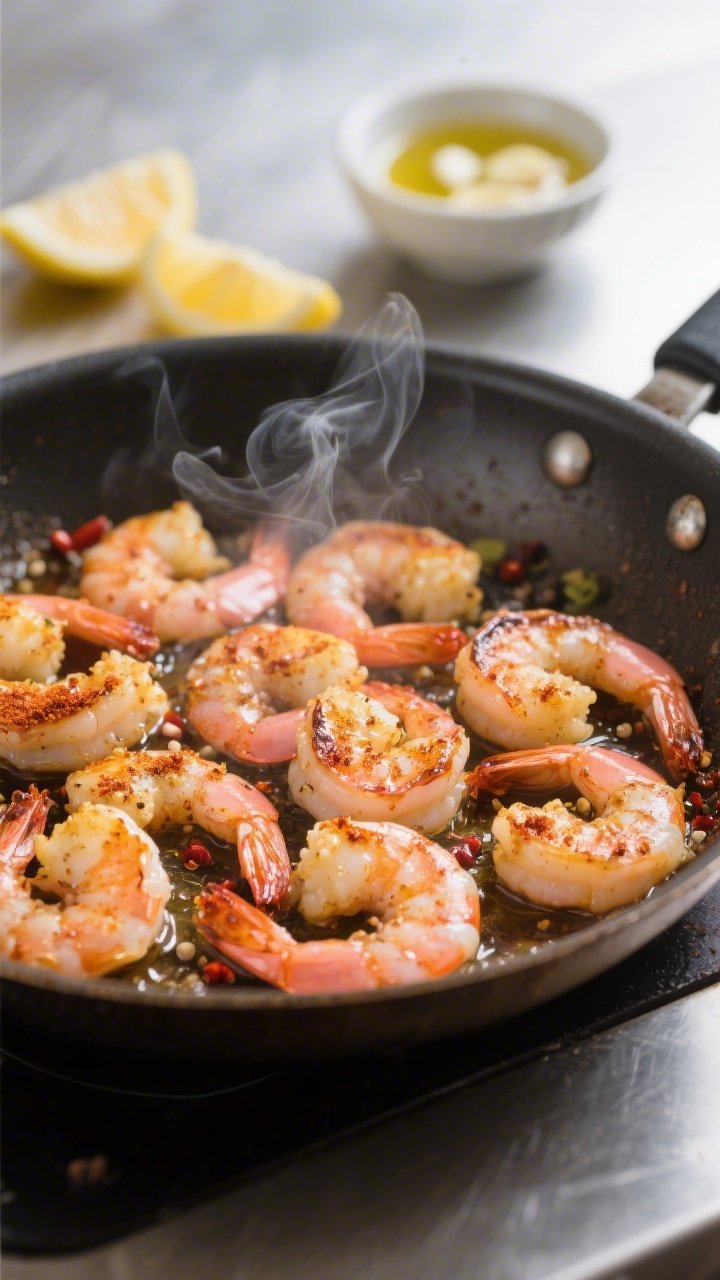 Cooking process, close-up detail: Sizzling shrimp in a large skillet, just-cooked and glossy with av