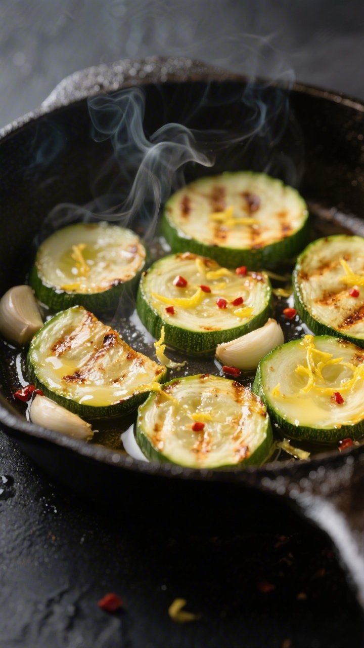 Cooking process, close-up detail: Sizzling zucchini half-moons in a hot cast-iron skillet, seared ed