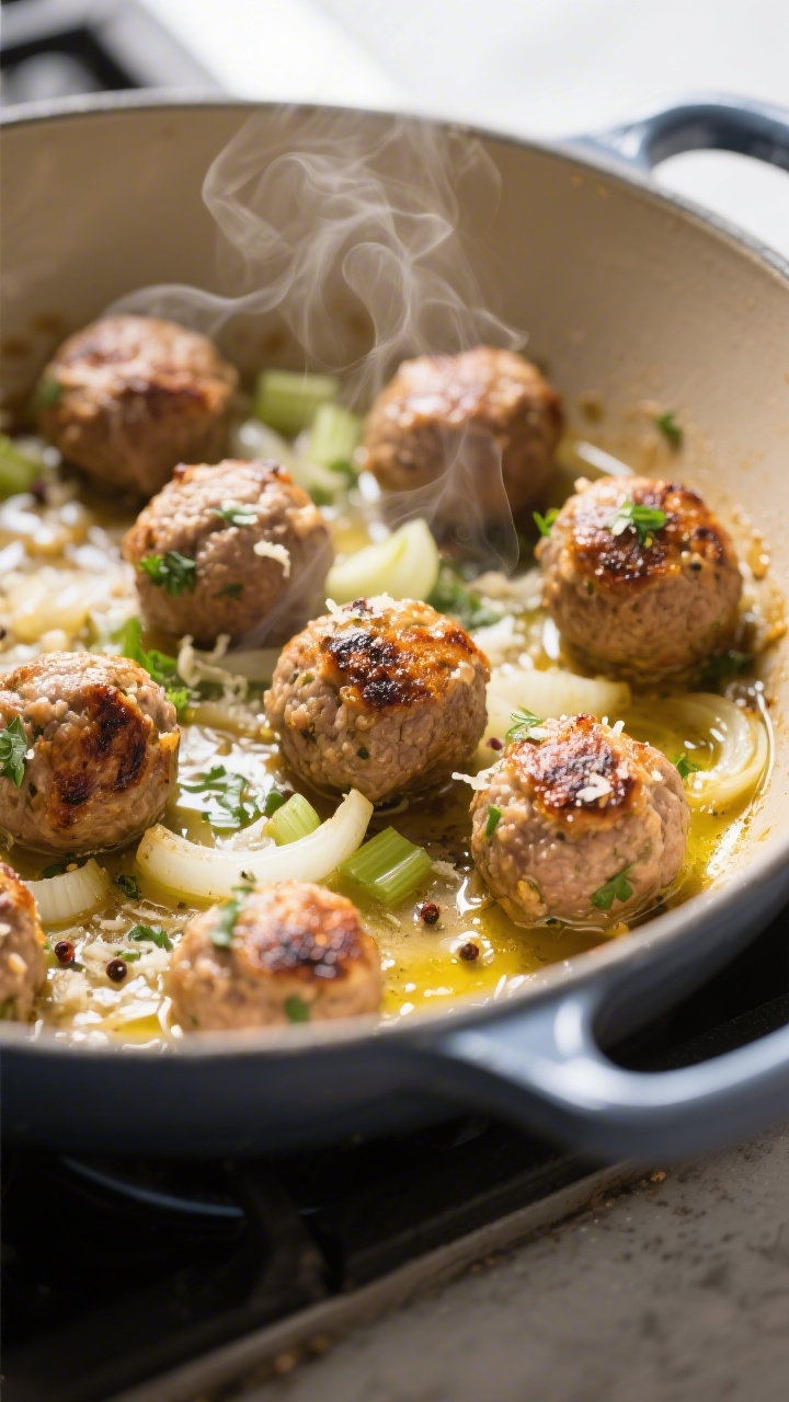 Cooking process, close-up detail: Small keto meatballs browning in a wide Dutch oven, golden sear on