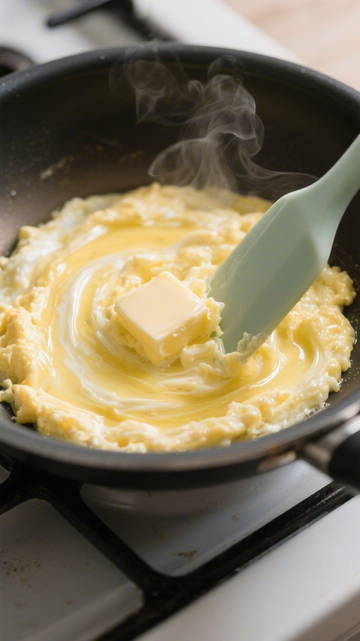 Cooking process, close-up detail: Soft scrambled eggs forming tender, glossy curds in a nonstick ski