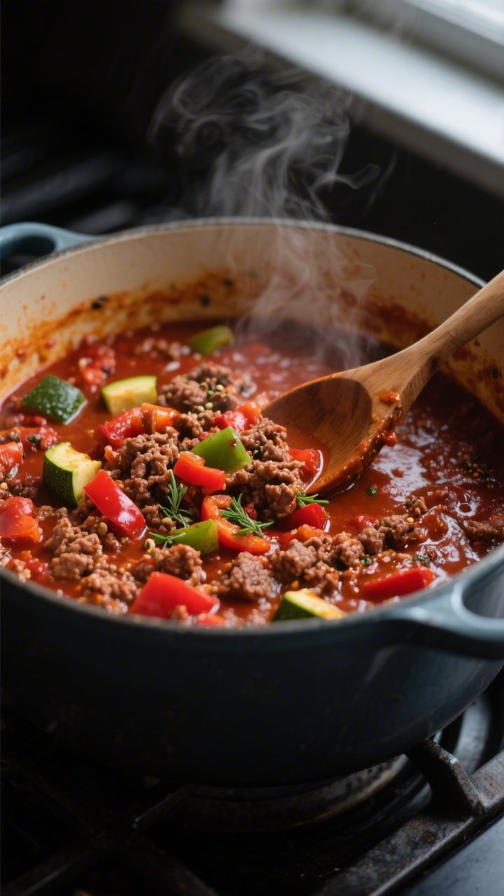 Cooking process close-up: Dutch oven of keto ground beef chili mid-simmer after spices have been toa