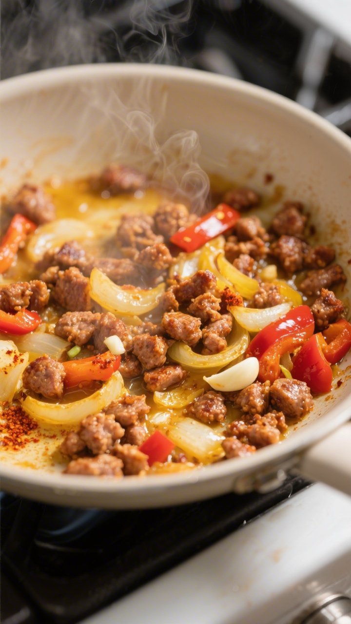 Cooking process, close-up: Golden-brown breakfast sausage crumbles sizzling in a skillet with soften