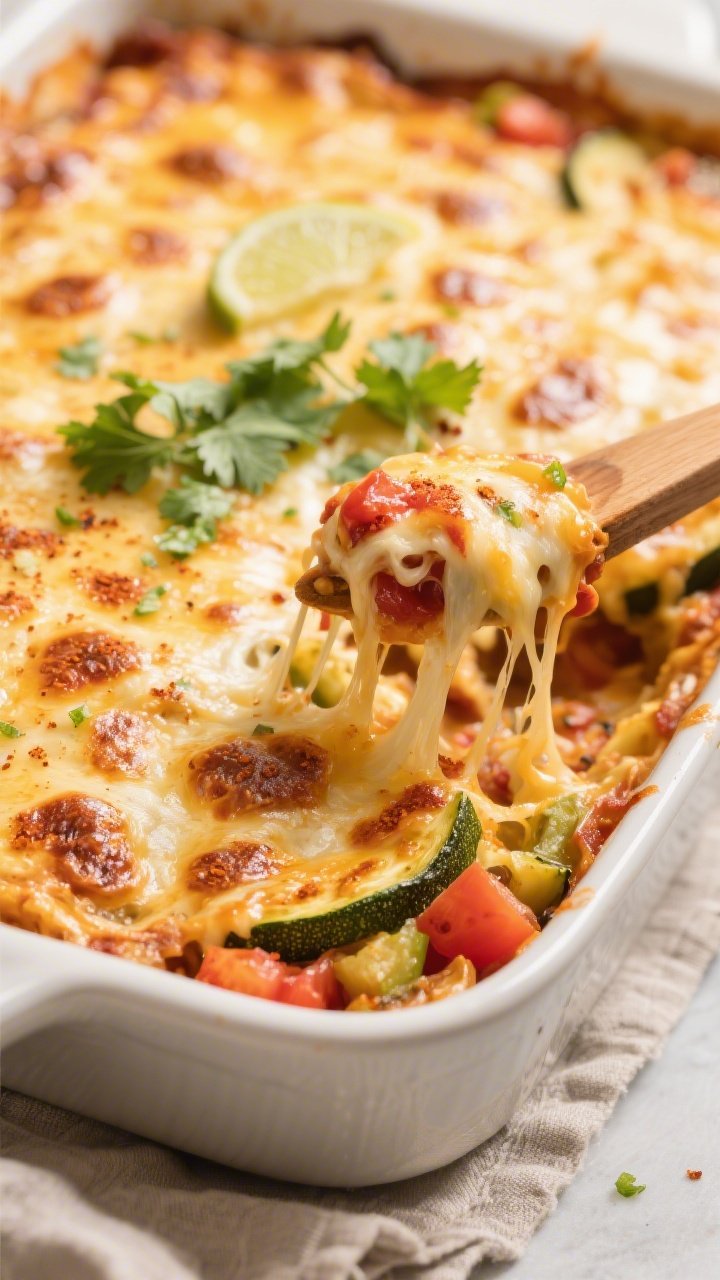 Cooking process close-up: Golden, bubbling Keto Enchilada Casserole just out of the oven, tight shot