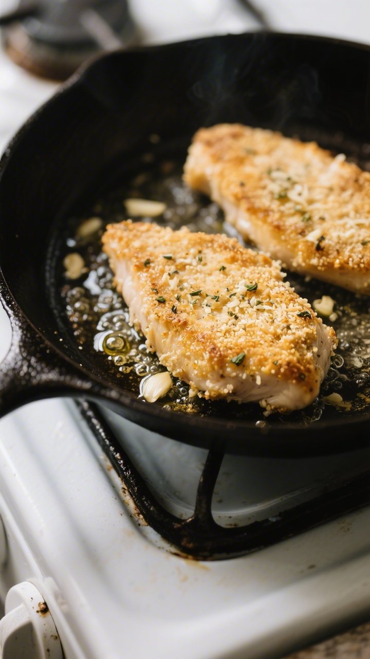 Cooking process close-up: Golden-crusted keto chicken cutlets sizzling in a cast-iron skillet after