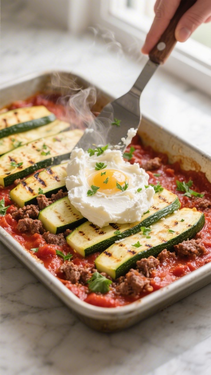 Cooking process close-up: Golden, lightly grilled zucchini planks being layered in a 9x13-inch oiled