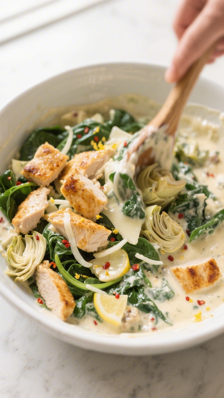 Cooking process close-up: Golden, lightly seared chicken bites being folded into a creamy spinach–