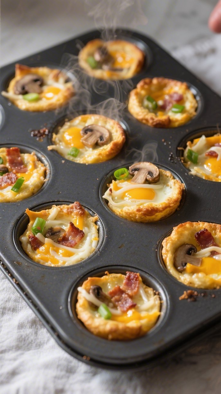 Cooking process close-up: Golden, puffed keto cheesy egg muffin cups just out of the oven in a dark 