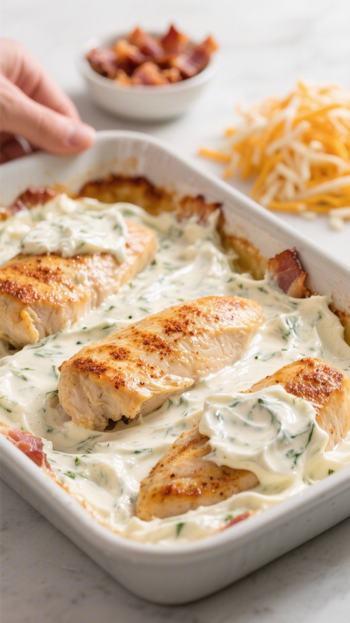 Cooking process close-up: Golden-seared chicken breasts in a 9x13 baking dish, partially covered wit