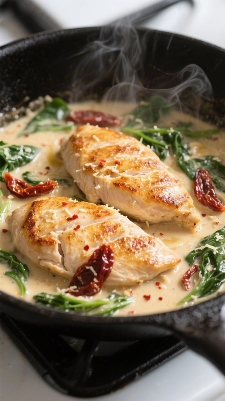 Cooking process close-up: Golden-seared chicken breasts nestled in a skillet as creamy garlic-Parmes