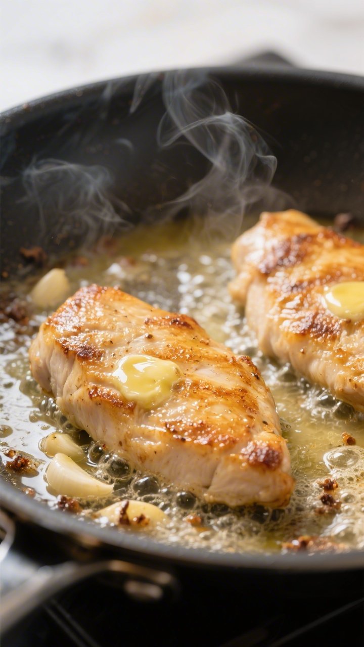 Cooking process close-up: Golden-seared chicken cutlets sizzling in a large skillet, bathed in bubbl