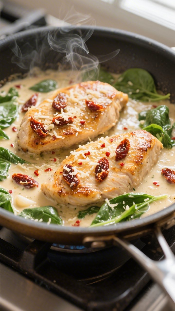 Cooking process close-up: Golden-seared chicken cutlets sizzling in a large skillet, bathed in a bub