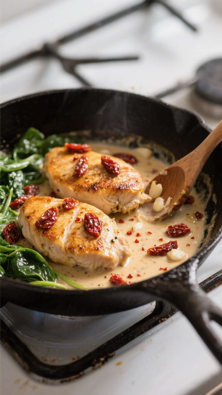 Cooking process close-up: Golden-seared chicken cutlets sizzling in a black cast-iron skillet, bathe