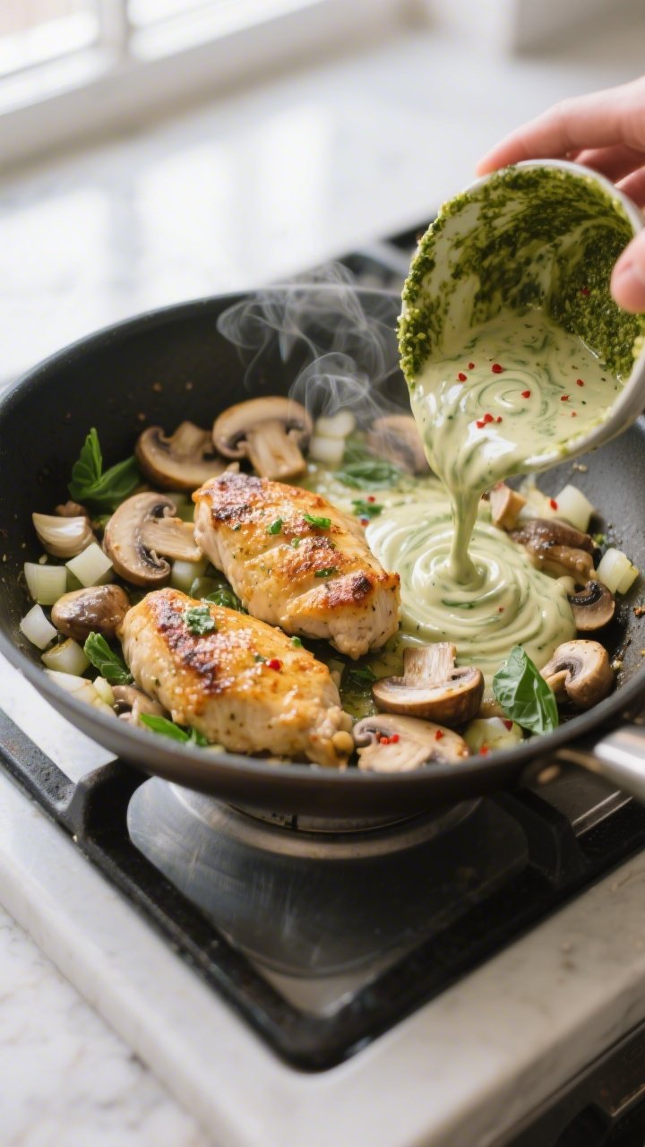 Cooking process close-up: Golden-seared chicken pieces nestled in a skillet with garlicky sautéed m