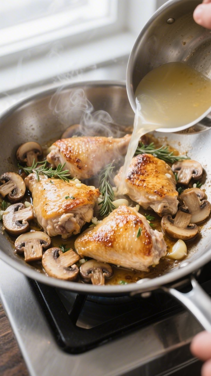 Cooking process, close-up: Golden-seared chicken thighs nestled in a stainless-steel skillet as slic