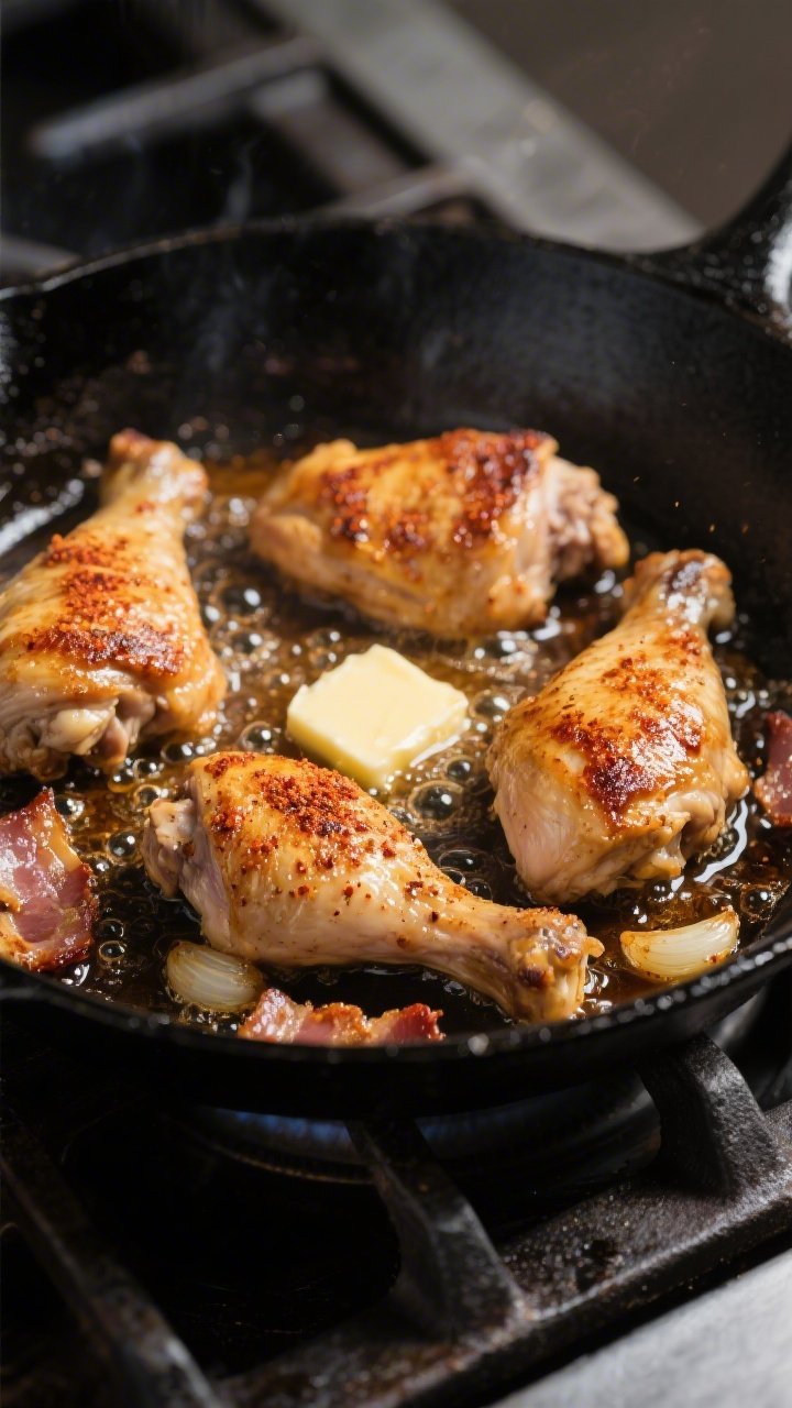 Cooking process close-up: Golden-seared chicken thigh pieces sizzling in a large black skillet with 