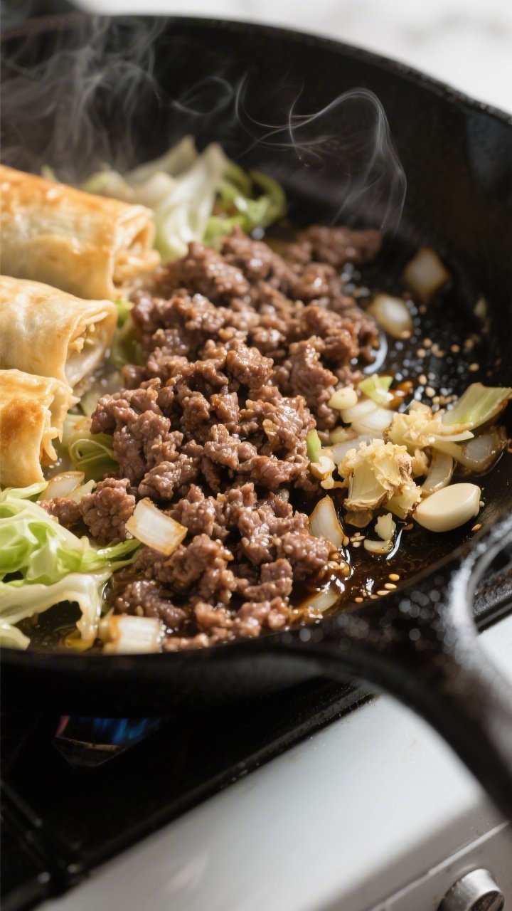 Cooking process close-up: Ground beef egg roll in a bowl sizzling in a wide, black cast-iron skillet