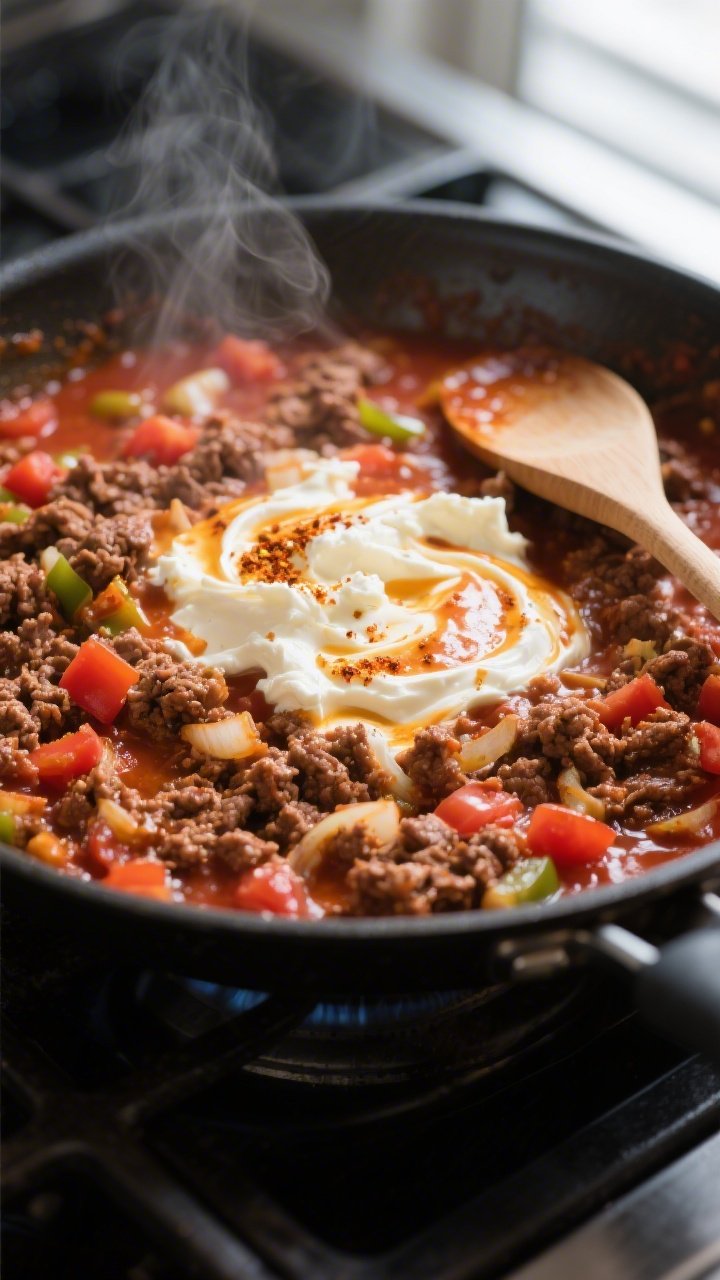 Cooking process close-up: Ground beef enchilada mixture simmering in a wide skillet, showing browned