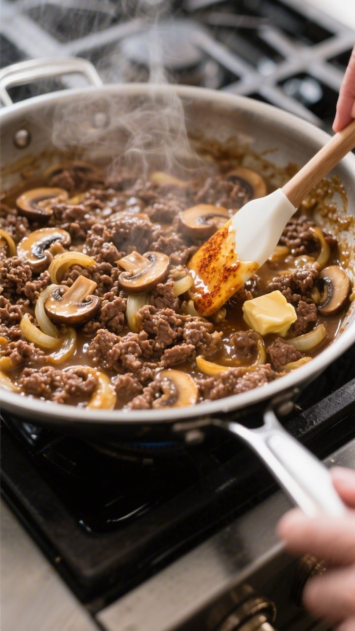 Cooking process close-up: Ground beef stroganoff mid-simmer in a wide stainless skillet, browned cru