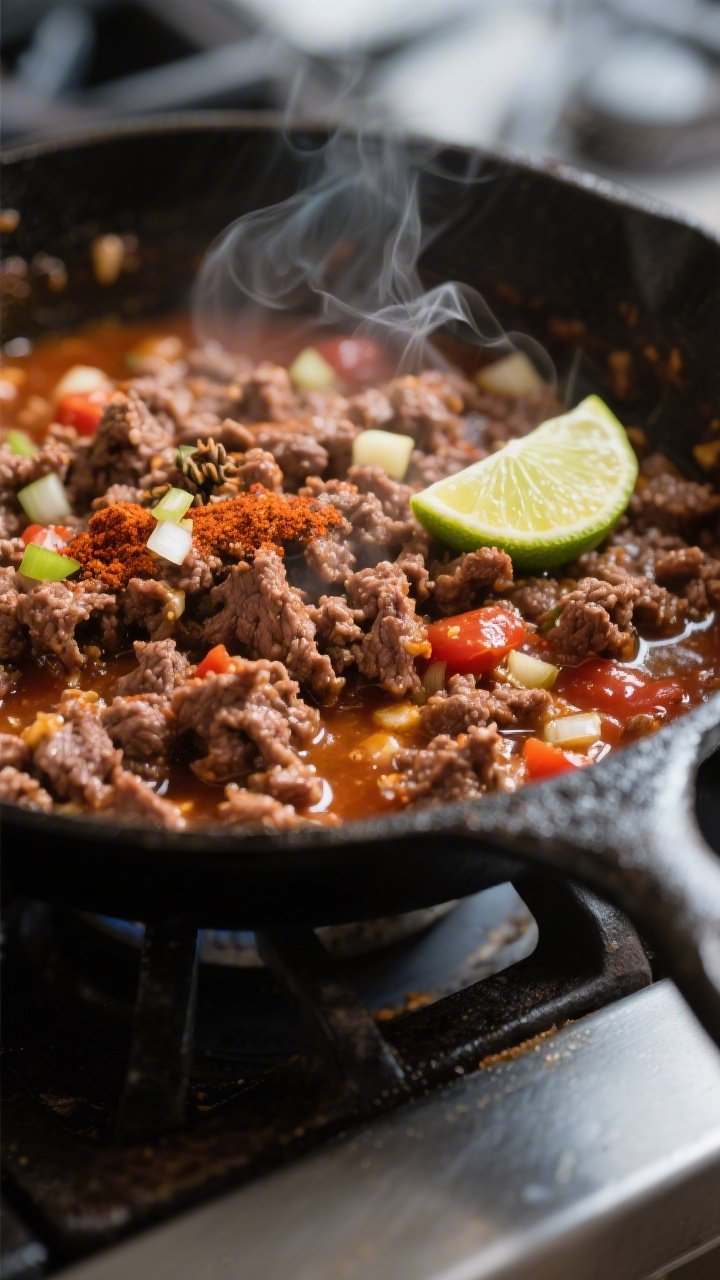 Cooking process close-up: Ground beef taco filling sizzling in a cast-iron skillet, beef browned and