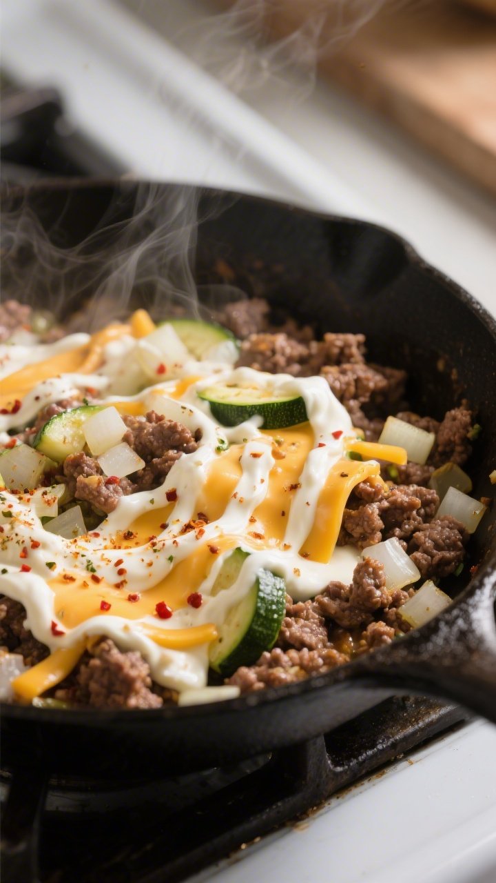 Cooking process close-up: In a cast-iron skillet, browned 80/20 ground beef tossed with translucent 