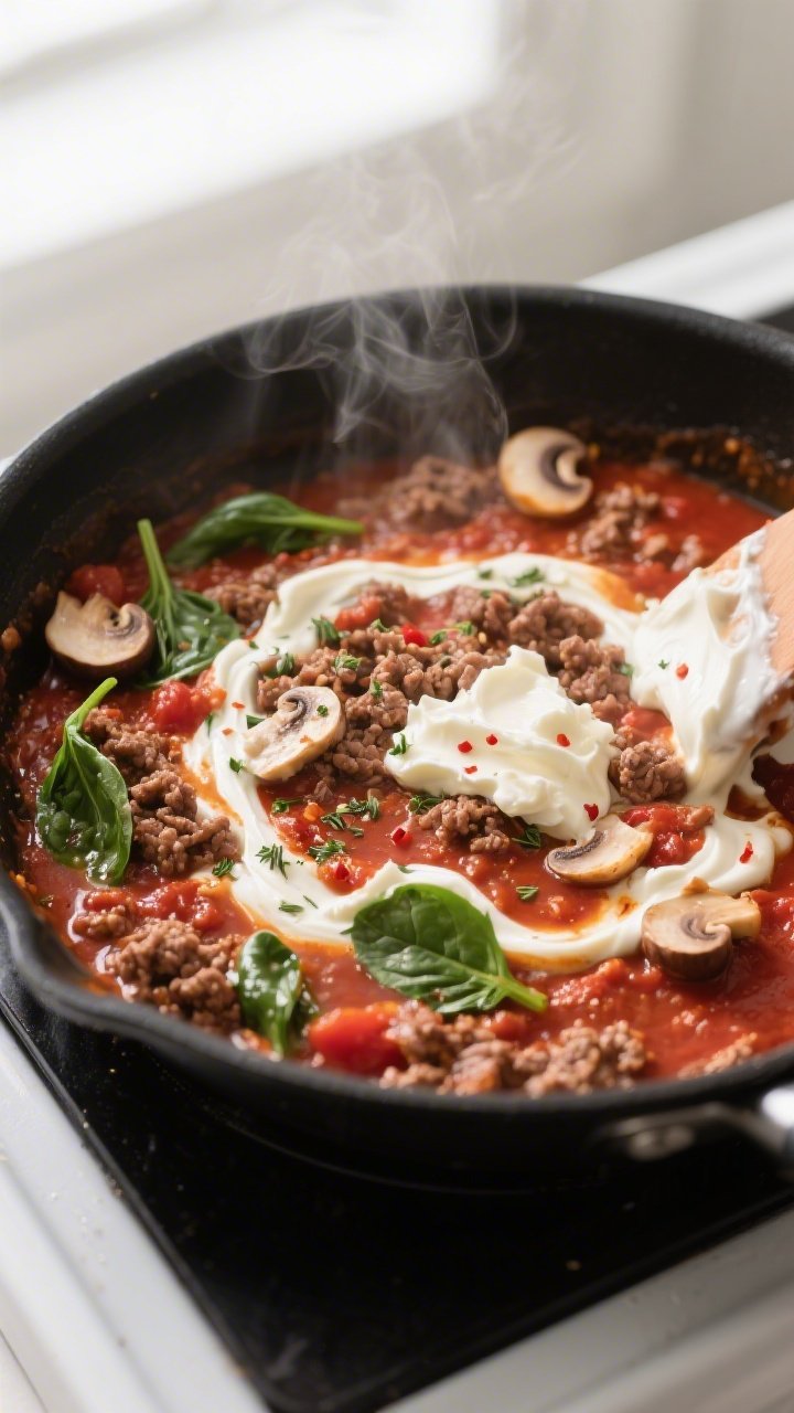 Cooking process, close-up: In a large skillet, browned ground beef simmering in a thick, low-carb ma