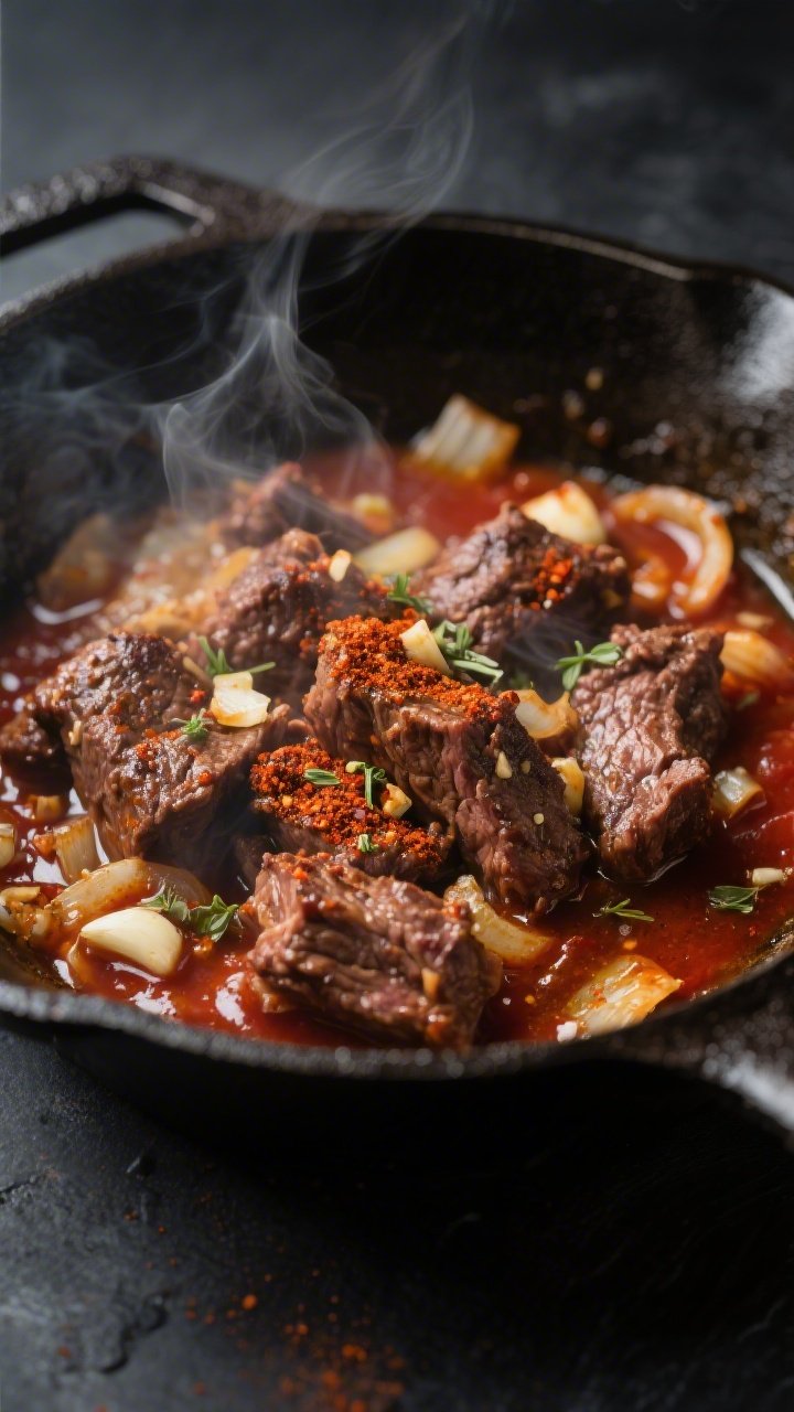 Cooking process close-up: Juicy, browned keto taco beef sizzling in a cast-iron skillet, onions and 