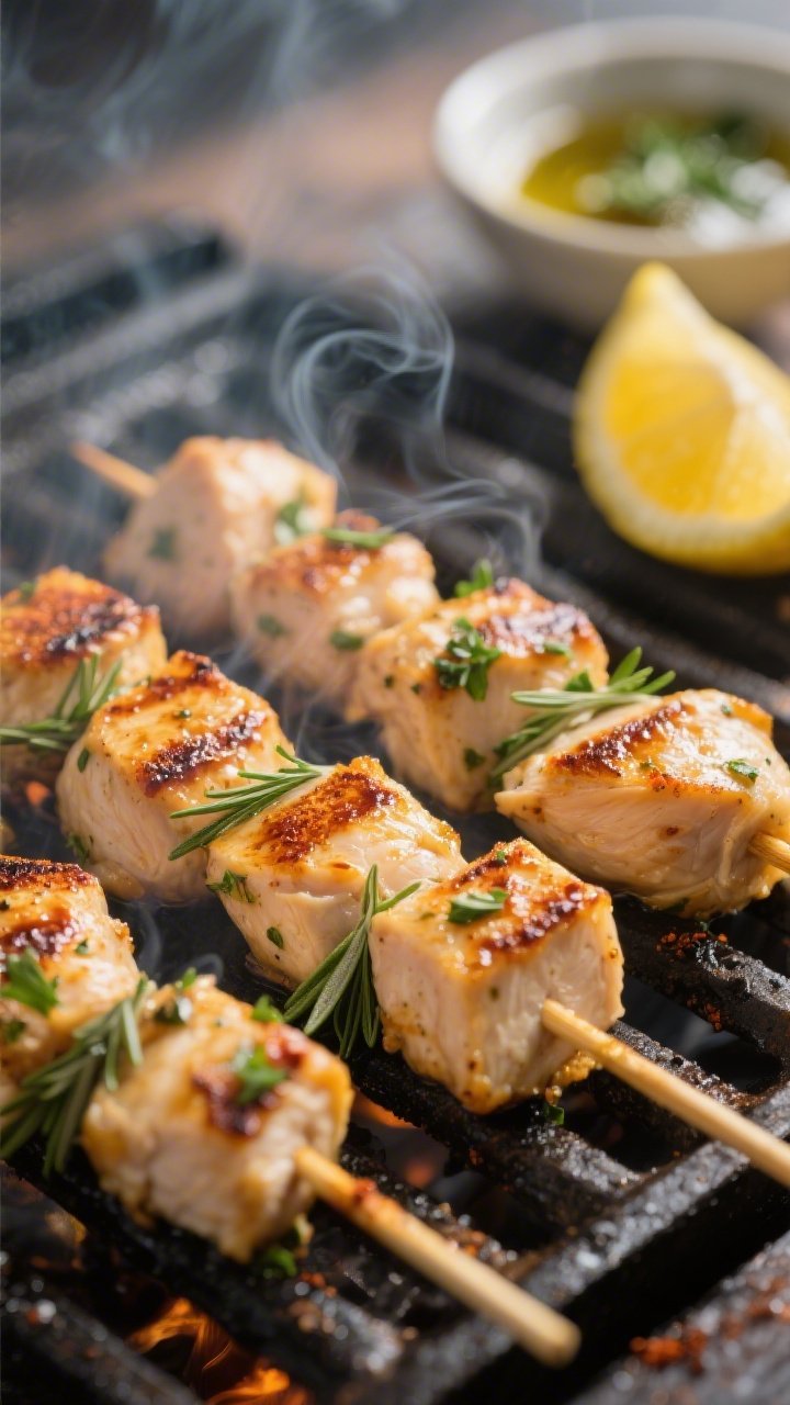 Cooking process close-up: Juicy keto garlic herb chicken snack skewers sizzling on a preheated grill