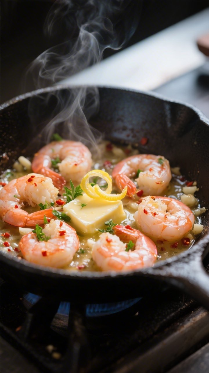 Cooking process close-up: Juicy medium shrimp sizzling in a butter-glossed skillet, coated in fragra