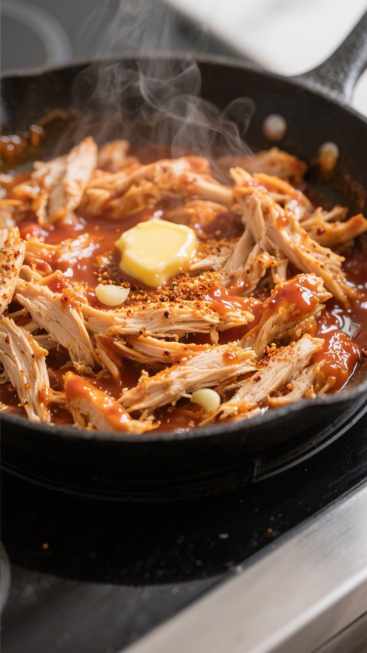Cooking process close-up: Juicy shredded chicken being tossed in a skillet with glossy buffalo sauce