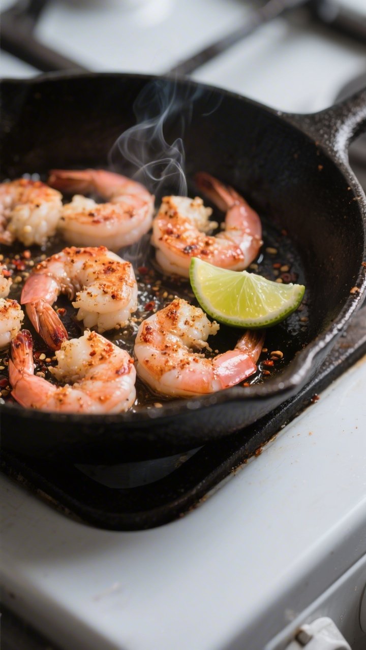 Cooking process close-up: Juicy spice-rubbed shrimp sizzling in a hot skillet, just turned pink and 