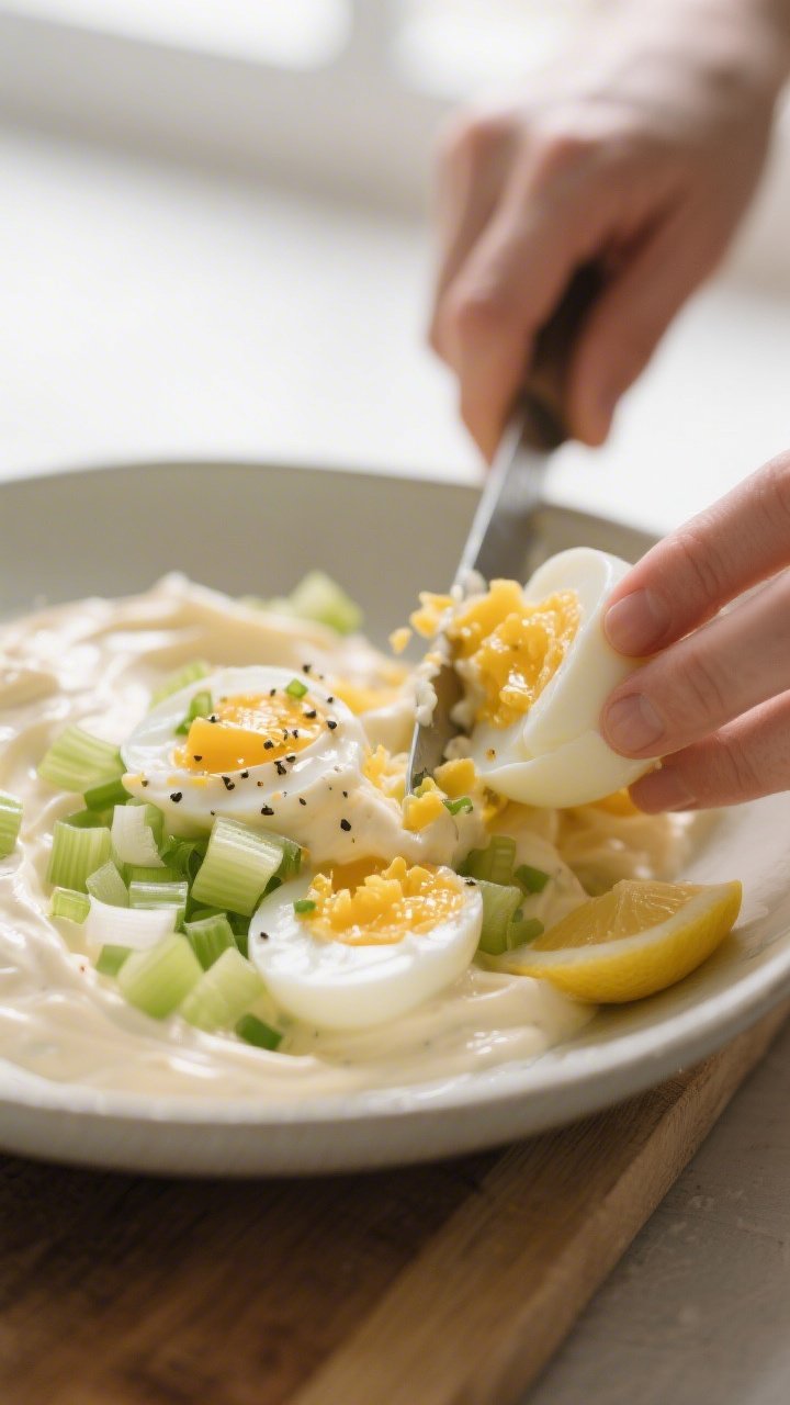 Cooking process close-up: Just-peeled hard-boiled eggs being chopped on a board, then gently folded 
