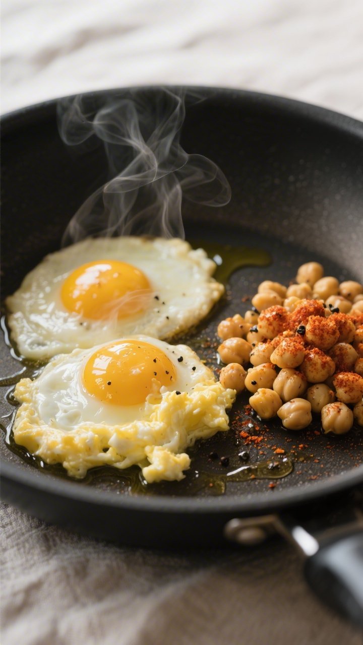 Cooking process close-up: Nonstick skillet with two just-set, soft-scrambled eggs folded creamy and 