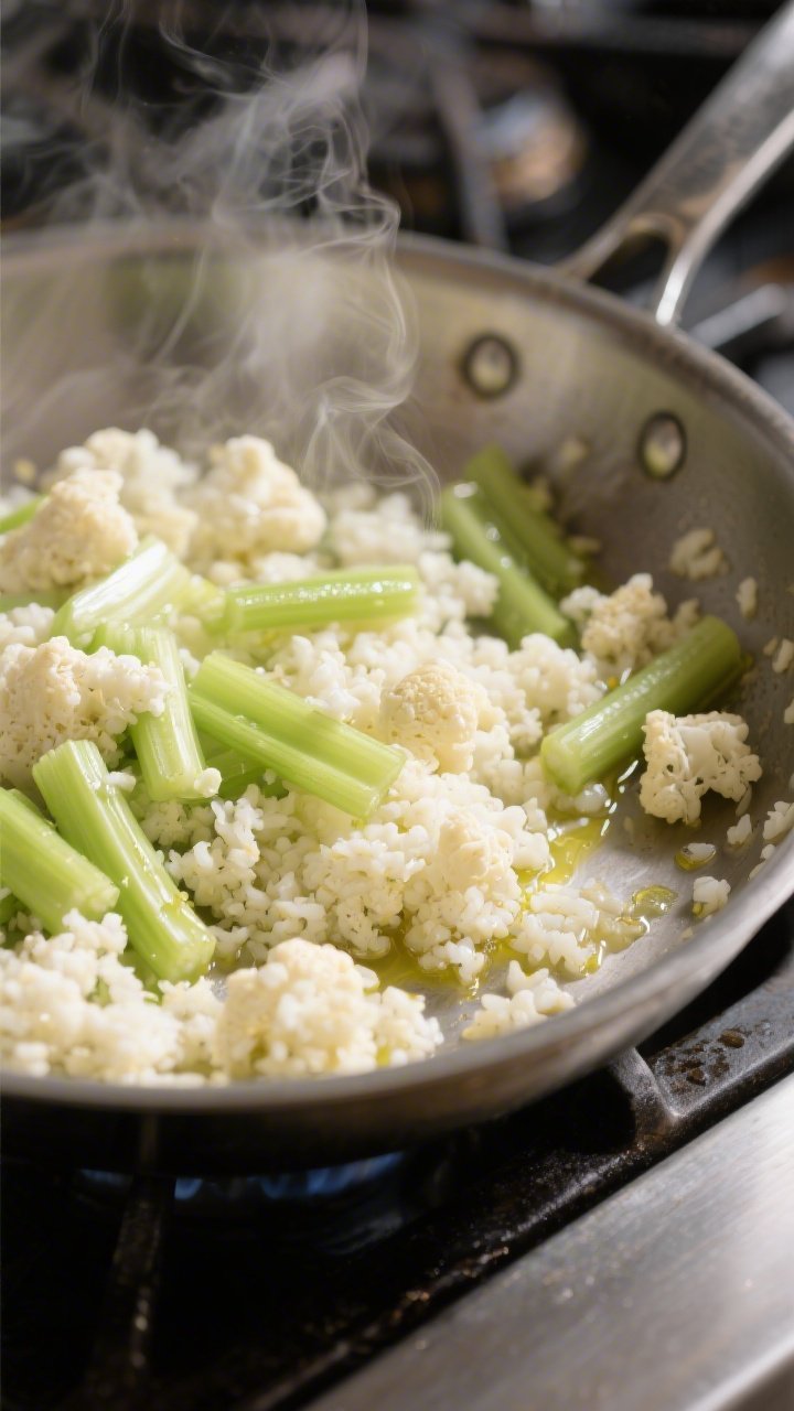 Cooking process close-up: Sautéed cauliflower rice steaming in a wide stainless skillet with crisp-