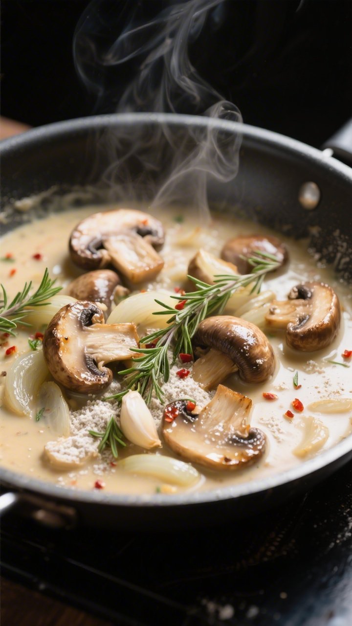 Cooking process close-up: Sautéed cremini mushrooms and onions in a skillet with thyme, garlic, and