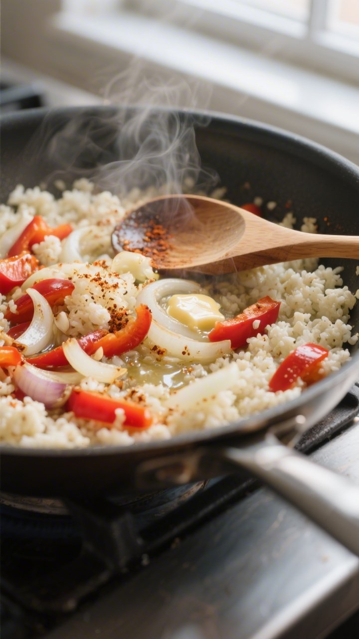 Cooking process close-up: Sautéed onion and red bell pepper with minced garlic and cauliflower rice