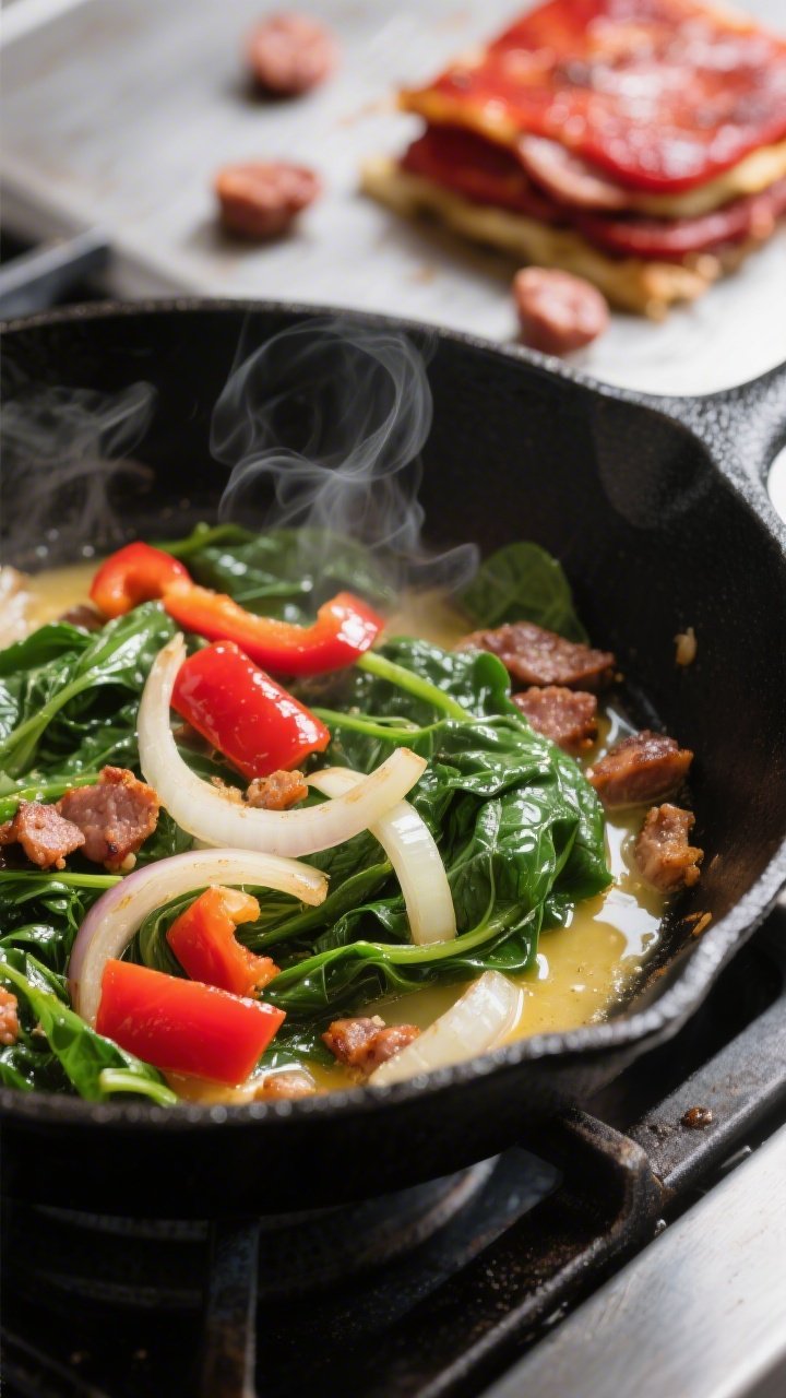 Cooking process close-up: Sautéed onion, red bell pepper, and wilted spinach glistening in butter i