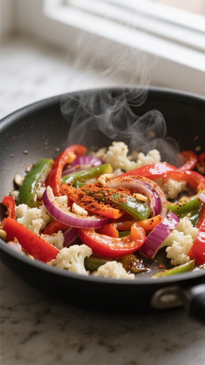 Cooking process close-up: Sautéed red and green bell pepper strips with thinly sliced red onion and