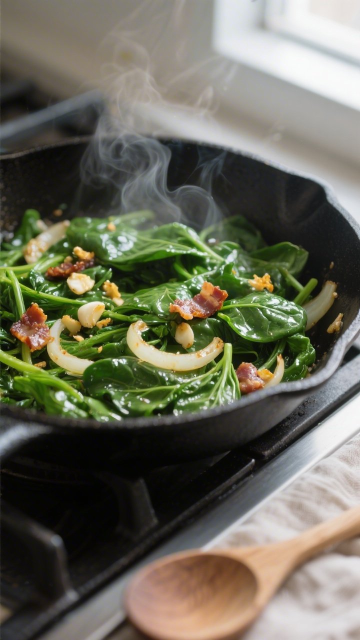 Cooking process close-up: Sautéed spinach and onions in a black skillet, glistening in a thin sheen