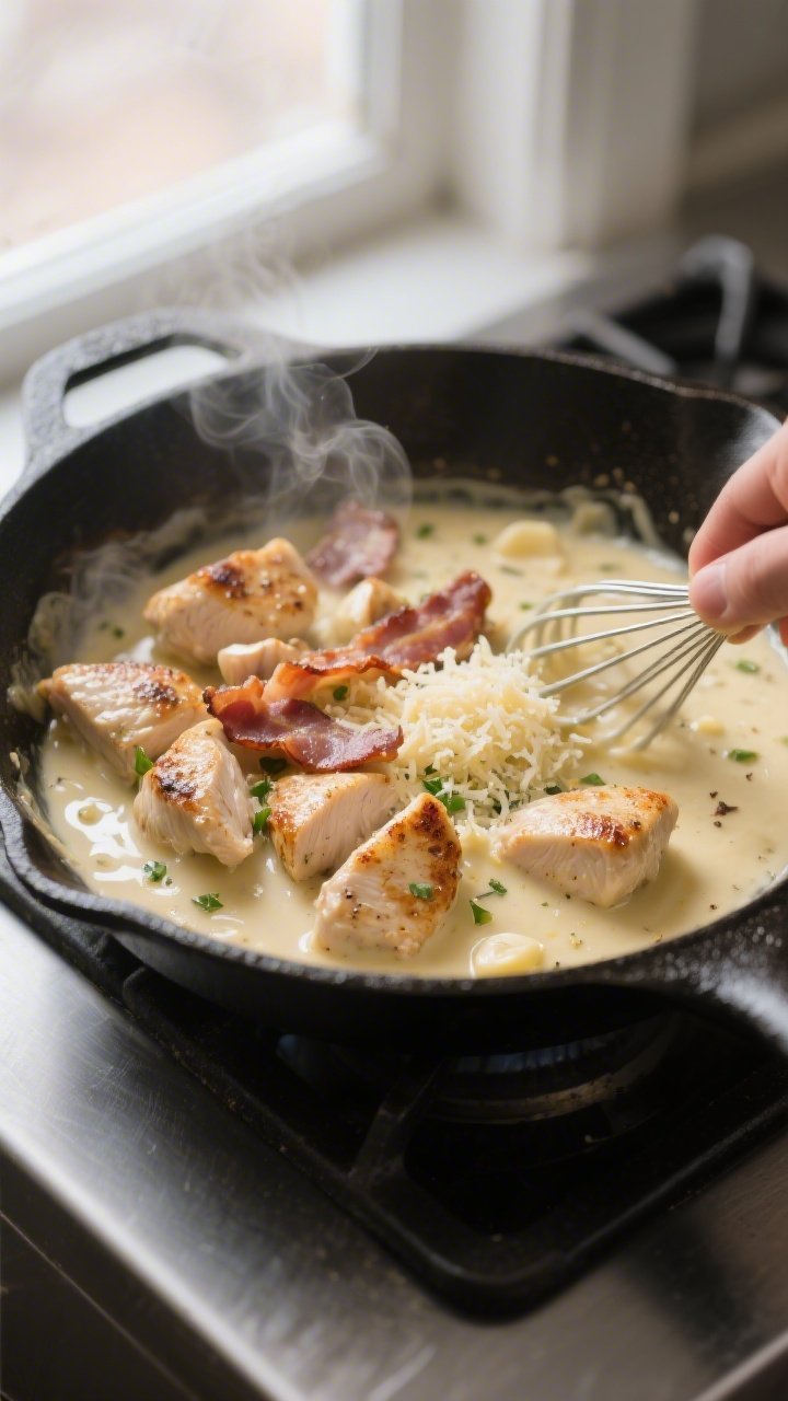 Cooking process close-up: Seared bite-size chicken pieces and crisped bacon in a large skillet as si