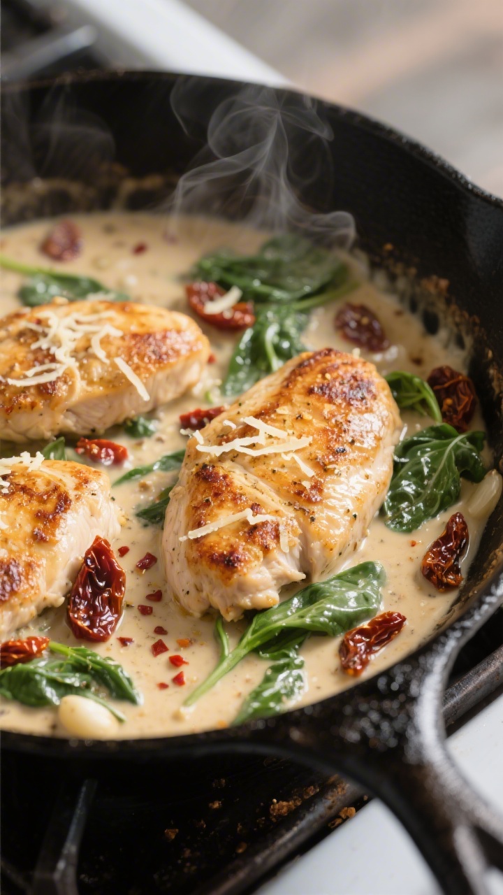 Cooking process, close-up: Seared chicken cutlets simmering in a creamy Tuscan garlic sauce in a bla