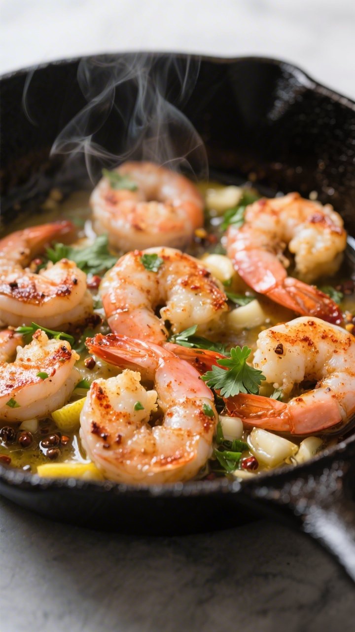 Cooking process close-up: Seared shrimp in a hot skillet, coated in smoked paprika, cumin, and chili